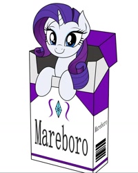 Size: 828x1033 | Tagged: safe, artist:zogbrony, rarity, pony, unicorn, g4, blue eyes, cigarette, cigarette pack, female, horn, looking at you, purple mane, simple background, smiling, smiling at you, solo, solo female, white coat