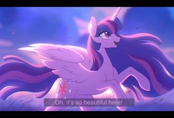 Size: 1800x1224 | Tagged: safe, artist:scheadar, twilight sparkle, alicorn, pony, g4, dialogue, female, flowing mane, looking up, purple coat, purple eyes, purple mane, simple background, smiling, solo, solo female, text, twilight sparkle (alicorn)