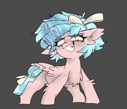 Size: 1455x1249 | Tagged: safe, artist:madiwann, cozy glow, pegasus, pony, g4, blue mane, chest fluff, ear fluff, female, filly, foal, gritted teeth, looking at you, looking down, looking down at you, pink coat, red eyes, ribbon, simple background, solo, solo female, teeth