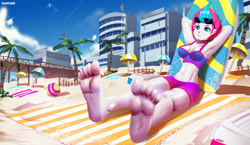 Size: 3610x2090 | Tagged: safe, artist:ichimoral, zipp storm, human, equestria girls, g4, g5, arm behind head, armpits, barefoot, beach, beach ball, clothes, commission, equestria girls-ified, feet, female, g5 to equestria girls, g5 to g4, generation leap, high res, palm tree, resting, smiling, solo, swimsuit, tree, umbrella