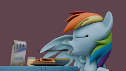 Size: 7680x4320 | Tagged: safe, anonymous artist, rainbow dash, pegasus, pony, g4, 3d, alternate style, artist interpretation, bowl, bread, eating, eyes closed, feather fingers, female, food, glass, juice, mare, milk, morning ponies, open mouth, orange juice, plate, scene interpretation, sleeping, snot bubble, solo, source filmmaker, spoon, toast, tongue out, wing hands, wing hold, wings