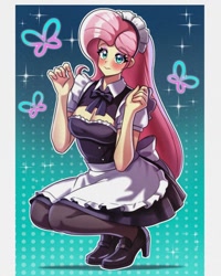 Size: 1024x1280 | Tagged: safe, artist:masterdestroyzj, fluttershy, human, equestria girls, g4, blushing, clothes, crouching, female, fluttermaid, maid, maid headdress, solo