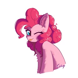 Size: 2000x2000 | Tagged: safe, artist:indigo, pinkie pie, g4, :p, ear fluff, fluffy, halfbody, looking at you, loose hair, one eye closed, pink coat, pink mane, shading, tongue out, wink