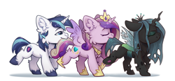 Size: 3772x1760 | Tagged: safe, artist:dorkmark, princess cadance, queen chrysalis, shining armor, alicorn, changeling, pony, unicorn, g4, chibi, horn, nom, simple background, white background, wings