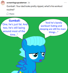 Size: 2334x2500 | Tagged: safe, artist:memeartboi, pegasus, pony, g4, answer, answering, ask, child, colt, cute, disappointed, discussion, foal, fourth wall, green background, green screen, gumball watterson, male, open mouth, pegasus wings, ponified, q&a, question, simple background, sitting, solo, speech bubble, spread wings, talking, talking to viewer, text, the amazing world of gumball, tumblr, unamused, wings