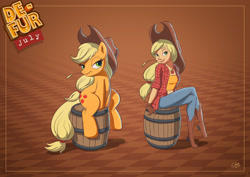 Size: 2631x1860 | Tagged: safe, artist:cartoon gurra, applejack, earth pony, human, pony, g4, applejack's hat, barrel, boots, clothes, cowboy boots, cowboy hat, crossed legs, denim, female, gloves, hat, high res, human ponidox, humanized, jeans, jewelry, lidded eyes, looking at you, mare, necklace, pants, self paradox, self ponidox, shoes, sitting, smiling, smiling at you, straw in mouth