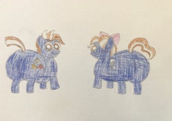 Size: 3163x2221 | Tagged: safe, artist:hritz123, oc, oc:fudge cookie, oc:sundae shake, earth pony, pony, bow, brother and sister, butt, duo, duo male and female, fat, female, hat, large butt, looking at you, looking back, male, mare, one eye closed, plot, siblings, smiling, stallion, tail, traditional art, twins, two toned mane, two toned tail