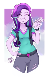 Size: 2992x4576 | Tagged: safe, artist:ponut_joe, edit, starlight glimmer, equestria girls, g4, beanie, belt, breasts, clothes, cute, denim, eye clipping through hair, eyes closed, female, glimmerbetes, hand on hip, happy, hat, jeans, pants, peace sign, ripped jeans, ripped pants, shirt, simple background, smiling, solo, teenager, torn clothes, vest