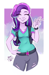 Size: 2992x4576 | Tagged: safe, artist:ponut_joe, edit, starlight glimmer, human, equestria girls, g4, beanie, belt, breasts, clothes, cute, denim, eye clipping through hair, eyes closed, female, glimmerbetes, hand on hip, happy, hat, jeans, pants, passepartout, peace sign, ripped jeans, ripped pants, shirt, smiling, solo, teenager, torn clothes, vest