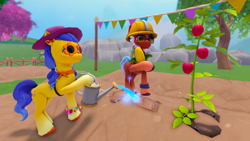 Size: 768x432 | Tagged: safe, oc, oc only, earth pony, pony, g5, my little pony: bridlewood rp, official, 3d, community garden, duo, female, food, gardening, glasses, mare, nature, outdoors, roblox, tree, unnamed character, unnamed pony