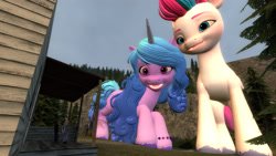 Size: 3840x2160 | Tagged: safe, artist:theotterpony, izzy moonbow, zipp storm, human, pegasus, pony, unicorn, g5, 3d, duo focus, female, forest, giant ponies in real life, giant pony, giantess, gmod, horn, irl, looking down, macro, macro/micro, mare, micro, nature, outdoors, photo, ponies in real life, story included, tree