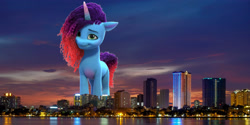 Size: 2800x1400 | Tagged: safe, artist:theotterpony, edit, misty brightdawn, pony, unicorn, g5, my little pony: make your mark, city, cityscape, female, giant ponies in real life, giant pony, giantess, highrise ponies, horn, irl, looking at you, macro, macro/micro, mare, mega giant, micro, outdoors, photo, ponies in real life, rebirth misty, solo, story included