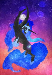 Size: 2000x2900 | Tagged: safe, artist:acidic-fire, nightmare moon, alicorn, pony, g4, female, flying, full moon, helmet, hoof shoes, mare, mare in the moon, moon, solo, stars