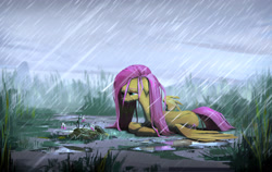 Size: 2820x1785 | Tagged: safe, artist:ruffu, fluttershy, pegasus, pony, g4, cloud, crying, female, floppy ears, flower, grass, lying, lying down, mare, prone, puddle, rain, sad, sky, solo, tall grass, wet, wet mane