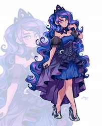 Size: 1662x2048 | Tagged: safe, artist:libbly_libby, kotobukiya, princess luna, human, g4, 2d, breasts, cleavage, clothes, dress, eyeshadow, female, girdle, high heels, humanized, jewelry, kotobukiya princess luna, looking at you, makeup, regalia, shoes