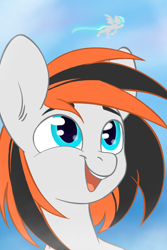 Size: 2000x3000 | Tagged: safe, artist:3akypo, oc, oc only, earth pony, pegasus, bust, happy, looking at someone, looking up, portrait, sky, smiling