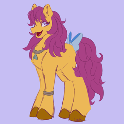 Size: 1913x1913 | Tagged: safe, artist:cupute, bon bon (g1), g1, my little pony tales, bow, bracelet, chonk, colored hooves, female, full body, hooves, jewelry, long mane, long tail, looking at you, looking to the right, mare, necklace, purple eyes, purple mane, solo, standing, style emulation, tail, tail bow, tall, wild manes, wild manesified, yellow coat