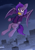 Size: 1200x1700 | Tagged: source needed, safe, artist:hovawant, oc, oc:midnight purple, bat pony, bat pony oc, city, clothes, ear fluff, facial markings, flying, food, hoodie, looking at you, male, mango, night, solo, spread wings, stallion, wings