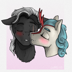 Size: 878x878 | Tagged: safe, artist:guard-mod, oc, kirin, pegasus, blushing, cheek kiss, commission, holiday, kirin oc, kissing, pegasus oc, simple background, valentine's day, ych result