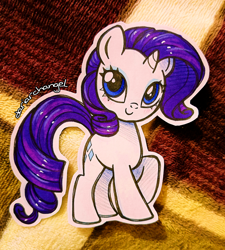 Size: 2644x2932 | Tagged: safe, artist:dariarchangel, rarity, pony, unicorn, g4, adorable face, blue eyes, blue eyeshadow, c:, chibi, cute, cute face, cute smile, cuteness overload, daaaaaaaaaaaw, eyeshadow, female, hnnng, horn, long tail, makeup, mare, photo, purple hair, purple mane, purple tail, raised hoof, raribetes, small horn, smiling, smol, solo, standing, standing on three hooves, tail, too cute, traditional art, uwu, weapons-grade cute, white coat