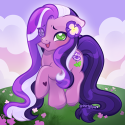 Size: 2400x2400 | Tagged: safe, artist:sparkytopia, february violet (g3), earth pony, pony, g3, birthflower ponies, chibi, eye clipping through hair, eyebrows, eyebrows visible through hair, female, flower, flower in hair, green eyes, long mane, looking at you, mare, open mouth, open smile, outdoors, purple coat, purple mane, raised hoof, signature, smiling, solo