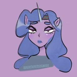 Size: 1014x1021 | Tagged: safe, artist:hotots, izzy moonbow, human, g5, bust, eared humanization, female, horn, horned humanization, humanized, lidded eyes, lipstick, looking at you, portrait, purple background, signature, simple background, solo