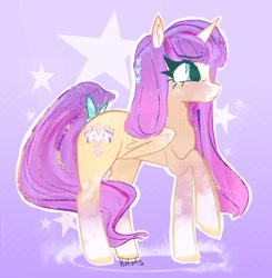 Size: 1304x1333 | Tagged: safe, artist:hotots, oc, oc only, alicorn, pony, alicorn oc, female, fusion:fluttershy, fusion:twilight sparkle, fusion:twishy, horn, mare, raised hoof, signature, solo, starry background, wings