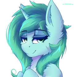 Size: 2000x2000 | Tagged: safe, artist:divori, oc, oc only, unicorn, bust, chest fluff, ear fluff, female, horn, looking at you, mare, simple background, smiling, smiling at you, solo, white background