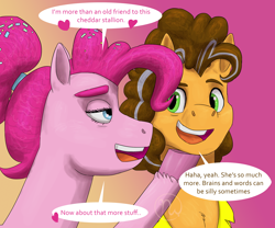 Size: 3000x2500 | Tagged: safe, artist:azurllinate, cheese sandwich, pinkie pie, earth pony, g4, 2025, blue eyes, brown mane, clothes, colored, dialogue, english, eyebrows, eyelashes, female, gradient background, gray mane, green eyes, hoof on chin, hooves, lidded eyes, looking at each other, looking at someone, male, older, pink hooves, pink mane, ponytail, shading, ship:cheesepie, shipping, shirt, speech bubble, straight, teeth, two toned mane, yellow shirt