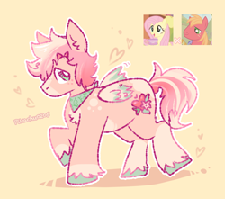 Size: 1200x1060 | Tagged: safe, artist:pikachu0205, big macintosh, fluttershy, oc, oc:apple flora, earth pony, pegasus, pony, g4, bandana, chest fluff, coat markings, colored chest fluff, colored muzzle, colored wings, colored wingtips, cute, female, floating heart, green hooves, heart, male, mare, ocbetes, offspring, parent:big macintosh, parent:fluttershy, parents:fluttermac, pegasus oc, screencap reference, ship:fluttermac, shipping, simple background, socks (coat markings), solo, stallion, stallion oc, straight, unshorn fetlocks, wings, yellow background