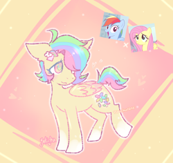 Size: 1200x1134 | Tagged: safe, artist:pikachu0205, fluttershy, rainbow dash, oc, oc:rainbloom petals, pegasus, pony, g4, coat markings, colored pupils, cute, female, floppy ears, hair over one eye, heart, lesbian, magical lesbian spawn, mare oc, multicolored hair, ocbetes, offspring, parent:fluttershy, parent:rainbow dash, parents:flutterdash, pegasus oc, rainbow hair, screencap reference, ship:flutterdash, shipping, socks (coat markings), solo