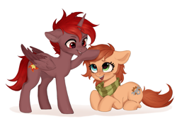 Size: 1473x1051 | Tagged: safe, artist:lattekofeek, oc, oc:hardy, oc:rusty gears, alicorn, earth pony, pony, clothes, duo, female, full body, heterochromia, male, mare, open mouth, pat, scarf, stallion, straight