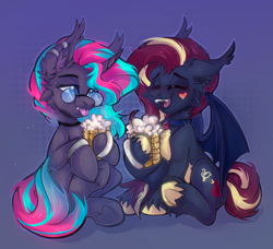 Size: 2141x1952 | Tagged: safe, artist:koffeemilk, oc, oc only, oc:nightingale ode, oc:synthie glitch, bat pony, bat pony unicorn, hybrid, pony, unicorn, :p, alcohol, amused, bat pony oc, bat pony unicorn oc, beer, bracelet, choker, cute, cute little fangs, drink, drinking, duo, duo female, ear piercing, ear tufts, earring, eyes closed, fangs, female, glasses, happy, heart, horn, jewelry, mare, mlem, mug, multicolored mane, multicolored tail, piercing, silly, simple background, tail, tongue out