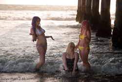 Size: 1024x683 | Tagged: safe, artist:cessatia, artist:quinnthecat, fluttershy, rarity, human, g4, belly, belly button, bikini, clothes, cosplay, costume, irl, irl human, ocean, photo, swimsuit, water