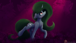 Size: 1920x1080 | Tagged: safe, artist:darbedarmoc, oc, oc only, oc:minerva, pony, unicorn, fangs, forest, green mane, horn, looking up, nature, red eyes, solo, tree, walking