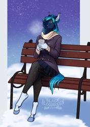 Size: 2877x4050 | Tagged: safe, artist:blackblood-queen, oc, oc only, oc:lixue yao, bat pony, wingless bat pony, anthro, unguligrade anthro, anthro oc, beauty mark, bench, clothes, coat, commission, cup, digital art, fangs, female, food, looking up, mare, park bench, scarf, slit pupils, smiling, snow, snowfall, tea, teacup, wingless, winter outfit