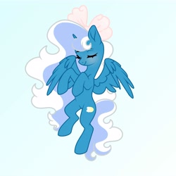 Size: 7000x7000 | Tagged: safe, artist:riofluttershy, oc, oc only, oc:fleurbelle, alicorn, pony, alicorn oc, blushing, bow, eyes closed, female, flying, gradient background, hair bow, horn, mare, pink bow, solo, spread wings, tail, two toned hair, two toned mane, two toned tail, wings