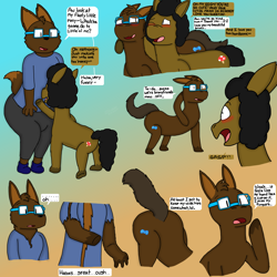 Size: 3500x3500 | Tagged: safe, artist:slywolf136, oc, oc only, earth pony, pony, wolf, blushing, comic, dialogue, duo, furry, furry to pony, gay, glasses, gradient background, high res, hoof on shoulder, male, speech bubble, transformation