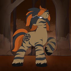 Size: 4000x4000 | Tagged: safe, artist:lexbunsfw, part of a set, oc, oc only, oc:fuscunus, hybrid, zebroid, zony, celtic, forest background, long mane, male, nudity, solo, solo male, stripes, unshorn fetlocks, zony oc