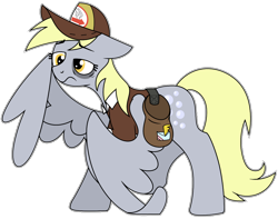 Size: 1090x858 | Tagged: safe, artist:craftedburb, derpy hooves, pegasus, pony, g4, bag, bags under eyes, clothes, female, hat, mailmare hat, mailmare uniform, saddle bag, solo, tired, uniform