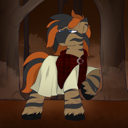 Size: 4000x4000 | Tagged: safe, artist:lexbunsfw, part of a set, oc, oc only, oc:fuscunus, hybrid, zebroid, zony, celtic, clothes, forest background, male, solo, solo male, stripes, unshorn fetlocks, zony oc