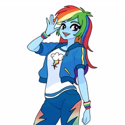 Size: 4096x4096 | Tagged: safe, artist:thanatoschanvt, rainbow dash, human, equestria girls, g4, blue skin, bracelet, clothes, denim, female, humanized, jacket, jeans, jewelry, looking at you, magenta eyes, multicolored hair, pants, rainbow hair, simple background, smiling, smiling at you, solo, solo female, waving, waving at you, white shirt