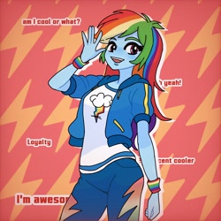 Size: 4096x4096 | Tagged: safe, artist:thanatoschanvt, rainbow dash, human, equestria girls, g4, 20% cooler, awesome, blue skin, bracelet, clothes, denim, dialogue, female, humanized, jacket, jeans, jewelry, looking at you, loyalty, magenta eyes, multicolored hair, pants, patterned background, rainbow hair, smiling, smiling at you, solo, solo female, text, waving, waving at you, white shirt, yeah