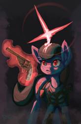 Size: 2100x3200 | Tagged: safe, artist:blurpaint, oc, oc only, oc:viira besthole, pony, unicorn, fallout equestria, g4, armor, bag, big ears, black mane, blue body, countershading, female, fog, gun, handgun, horn, magic, mare, profile, red eyes, revolver, saddle bag, solo, telekinesis, weapon