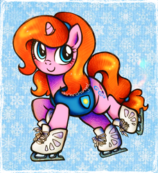 Size: 2646x2904 | Tagged: safe, artist:dariarchangel, oc, oc only, oc:dazha, pony, unicorn, g4, abstract background, adorable face, blue eyes, blushing, c:, clothes, cute, cute face, cute smile, female, female oc, figure skates, figure skating, hair tie, hairband, horn, ice skates, ice skating, lace, mare, mare oc, ocbetes, orange hair, orange mane, orange tail, patterned background, pink coat, pony oc, raised hoof, skates, skating, small horn, smiling, snow, snowflake, solo, tail, tail tie, tied tail, unicorn oc, vest, weather team, winter wrap up (event), winter wrap up vest