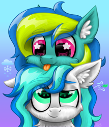 Size: 3000x3500 | Tagged: safe, artist:sunamoonmlp, derpibooru exclusive, oc, oc only, oc:leaf storm, oc:snow storm, pegasus, pony, g4, bust, cheek fluff, chest fluff, commission, cute, ear fluff, gradient background, male, pfp, portrait, smiling, stallion, tongue out, wingding eyes