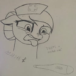 Size: 2151x2136 | Tagged: safe, artist:mh148, nurse redheart, earth pony, g4, disgusted, open mouth, signature, solo, speech, talking, text, thermometer, traditional art