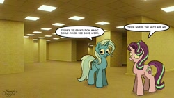 Size: 1200x675 | Tagged: safe, artist:simpledoggo, starlight glimmer, trixie, unicorn, g4, dialogue, duo, duo female, female, funny, horn, teleportation mishap, text, the backrooms