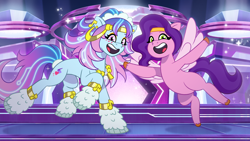 Size: 3840x2160 | Tagged: safe, alternate version, artist:shad0w-galaxy, odessa evensong, pipp petals, cyborg, cyborg pony, earth pony, pegasus, pony, g5, my little pony: tell your tale, the petal gala, clothes, conveyor belt, duo, duo female, ear piercing, earring, eyeshadow, female, flying, freckles, future, futuristic, gold jewelry, headband, heart, heart freckles, hooves, i can't believe it's not hasbro studios, jewelry, leg warmers, looking at you, makeup, music notes, necklace, night, open mouth, piercing, pipp is short, show accurate, smiling, sparkles, spread wings, stage, style emulation, tail, tail band, wings