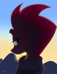 Size: 2700x3500 | Tagged: safe, artist:anix_space, fizzlepop berrytwist, tempest shadow, pony, unicorn, g4, broken horn, bust, clothes, horn, looking at you, morning, mountain, portrait, scarf, sky, solo, sun